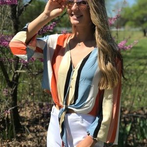Striped Button Down Tie Bottom Top🌸🧡